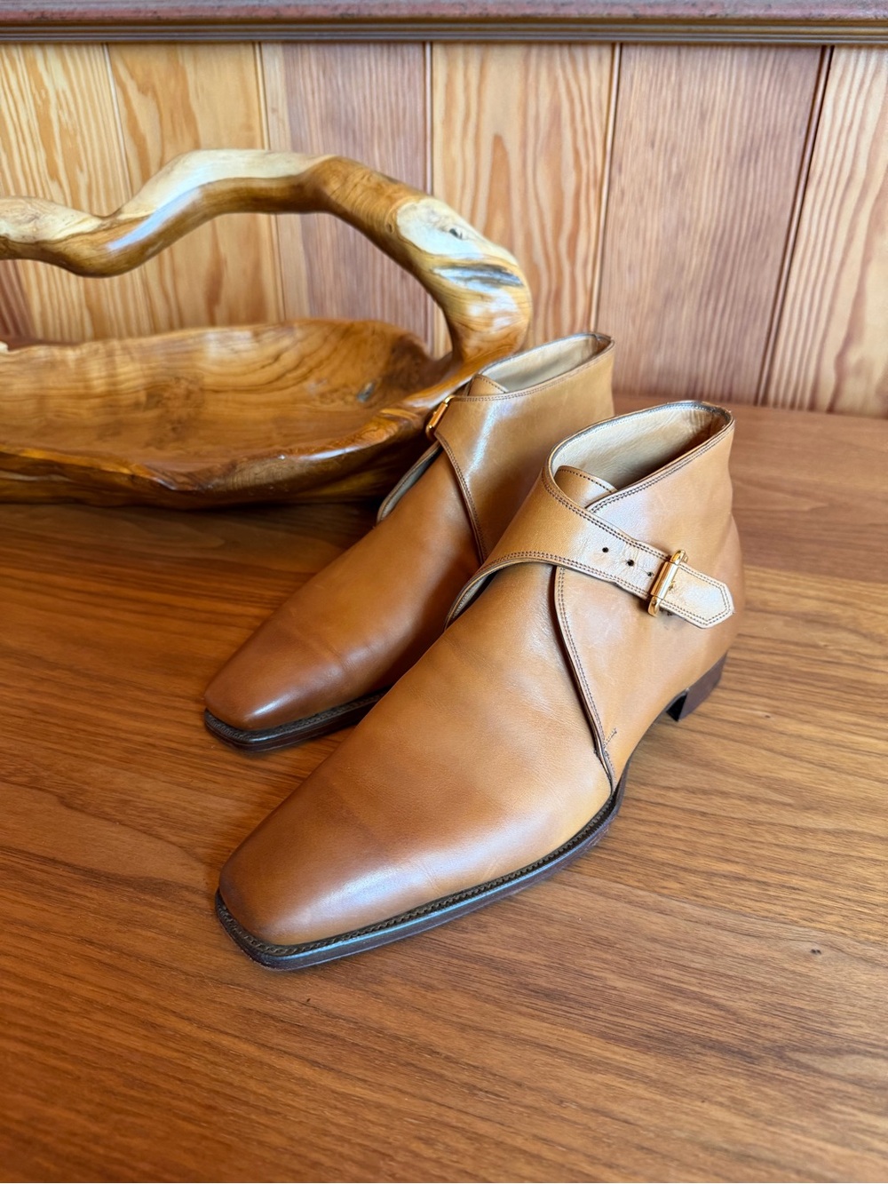 Ralph Lauren Purple Label Tan Leather Chukka Boots with Buckle